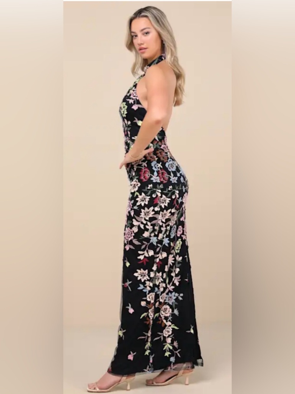 Lulu's Infinite Praise Black 3D Floral Embroidered Halter Maxi Dress NWT Size L - Picture 6 of 9